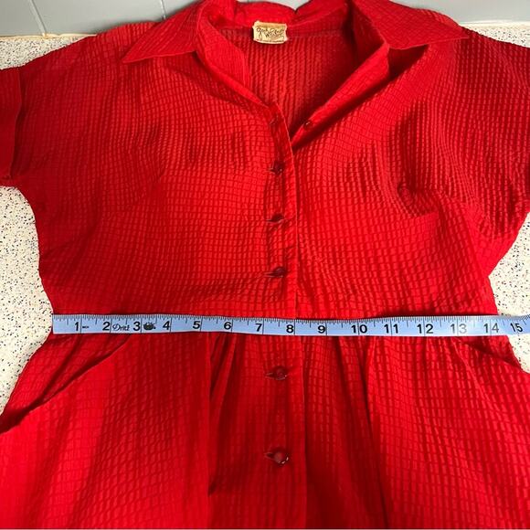 Vintage 1940s Gail Whitney Button Up Midi Dress Sheer Textured Cherry Red - Picture 8 of 10